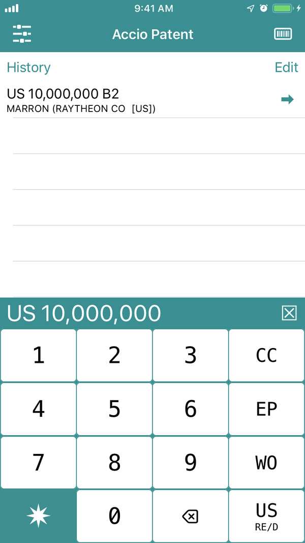 The Accio Patent dial pad for entering a patent number