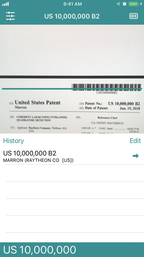 Accio Patent scanning a barcode on a printed patent